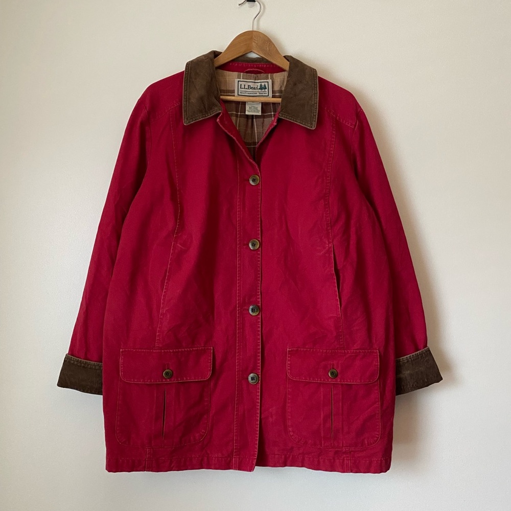 L.L. Bean Red Barn Coat Chore Jacket with Brown Corduroy Collar & Cuffs